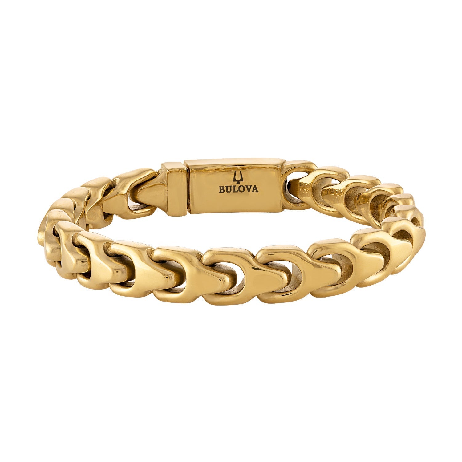 Bulova Link™ Bracelet BVB1083-GSTNA85, showcasing 10mm gold-tone stainless steel links with polished and brushed finishes, front view.