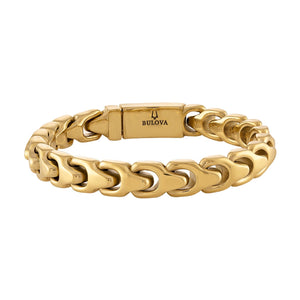 Bulova Link™ Bracelet BVB1083-GSTNA85, showcasing 10mm gold-tone stainless steel links with polished and brushed finishes, front view.
