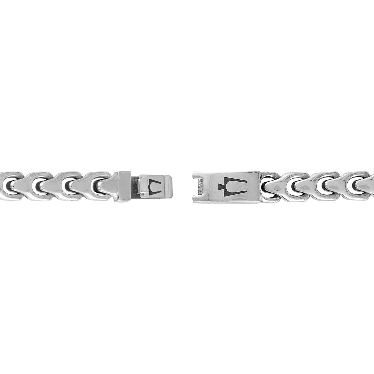 Reverse side of the Bulova Link™ Bracelet BVB1083-NSTNA85, featuring the box lock clasp with engraved Bulova tuning fork logo.
