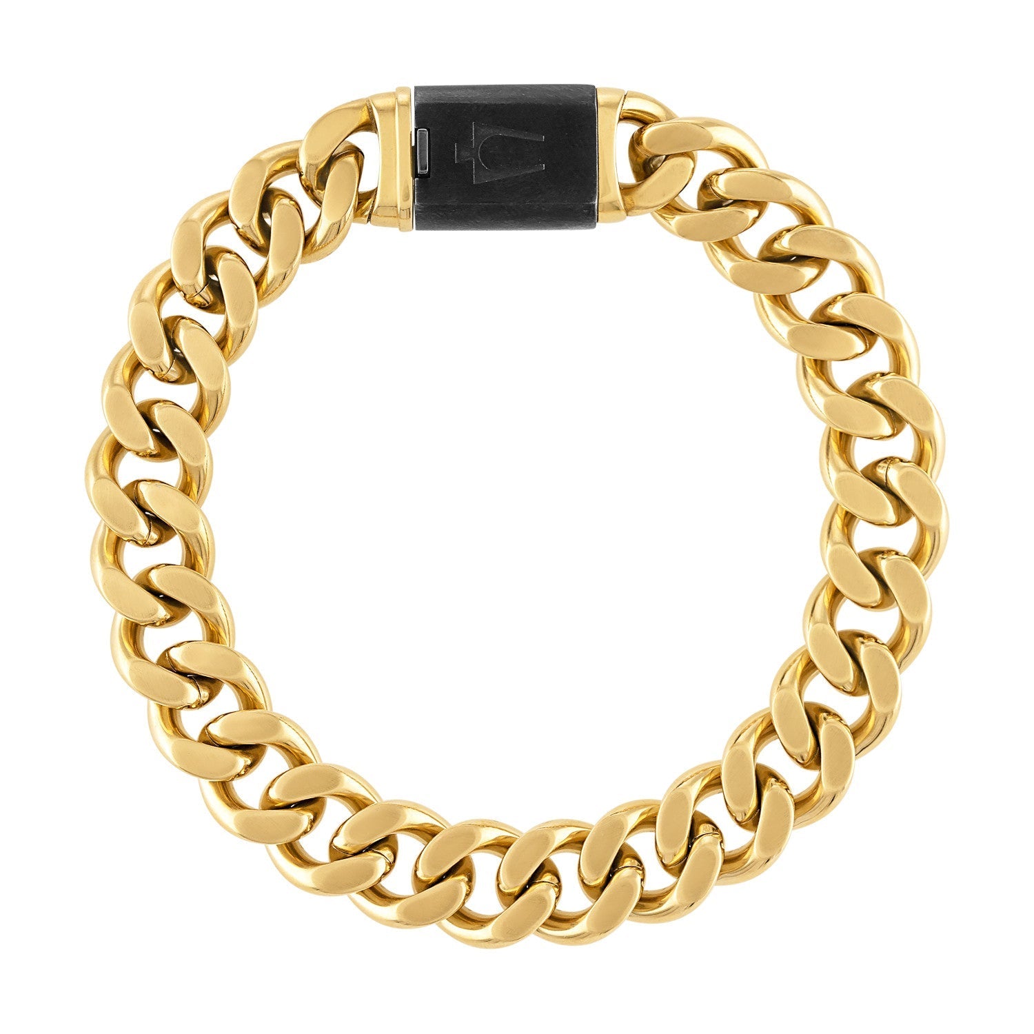  Bulova Classic Gold-Tone Curb Chain Bracelet BVB1084-GOSTNA, featuring 13mm gold-tone stainless steel links with polished and brushed finishes, front view.