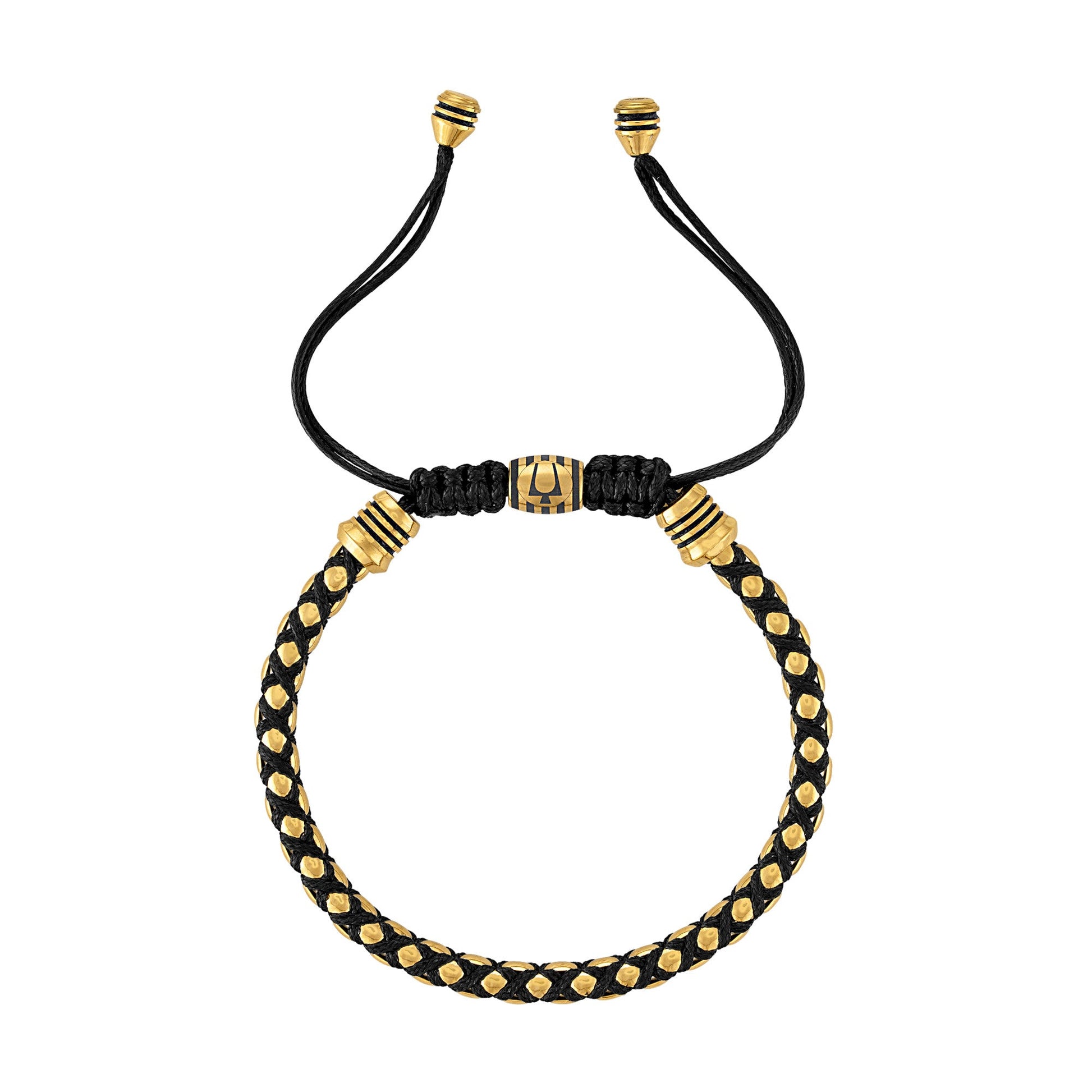 Side profile of Bulova BVB1089-G6STBA highlighting the rounded chain links, polished finish, and the sliding bolo closure mechanism.