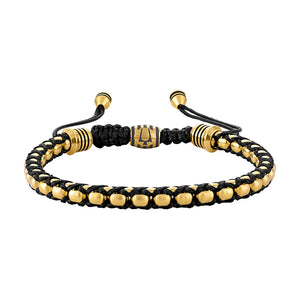 Bulova BVB1089-G6STBA polished gold-tone box-chain bracelet interlaced with black cord — front view, showing link detail and shine.