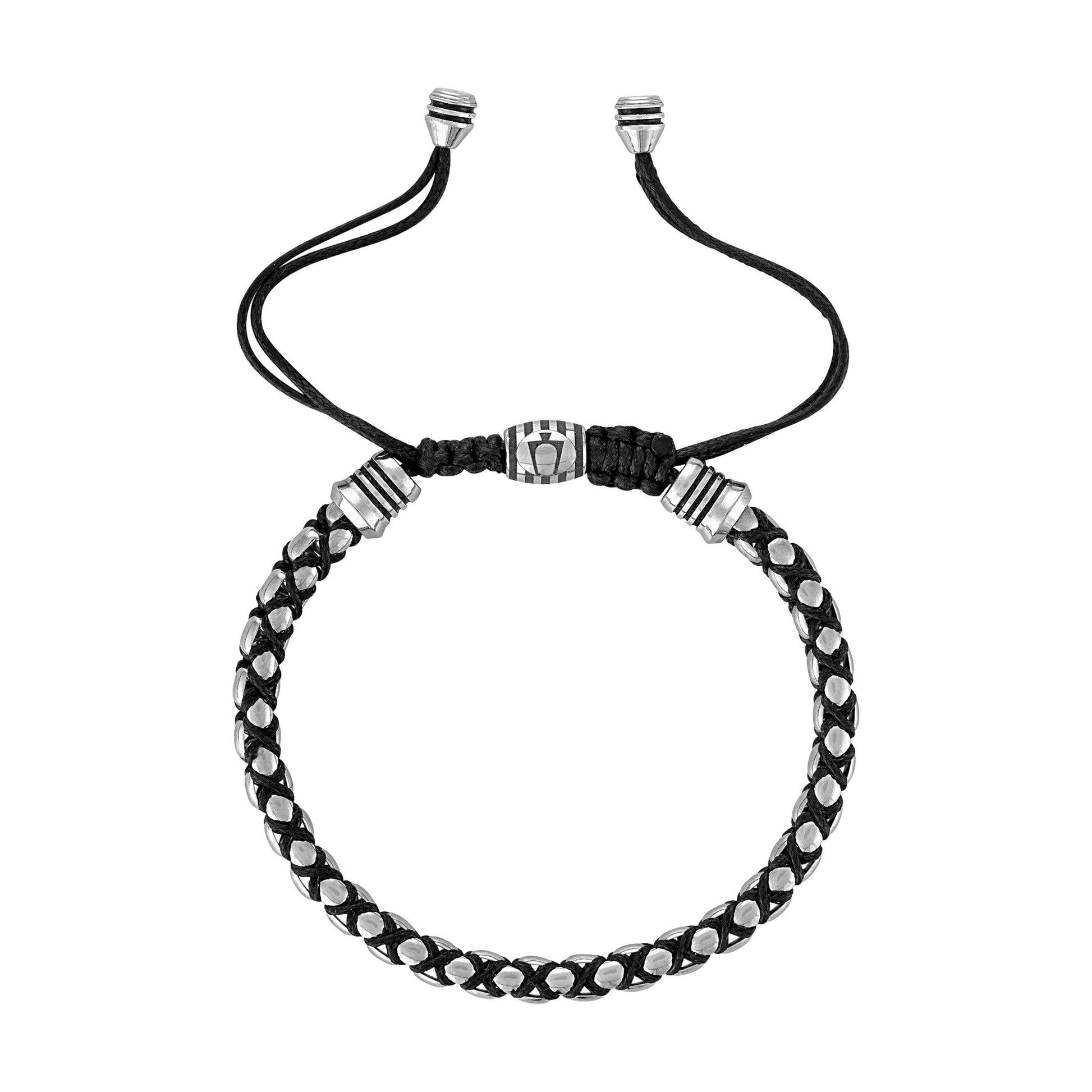 Side profile of Bulova BVB1089-SBSTBA highlighting the chain link design and smooth finish of metal links with black cord detail.