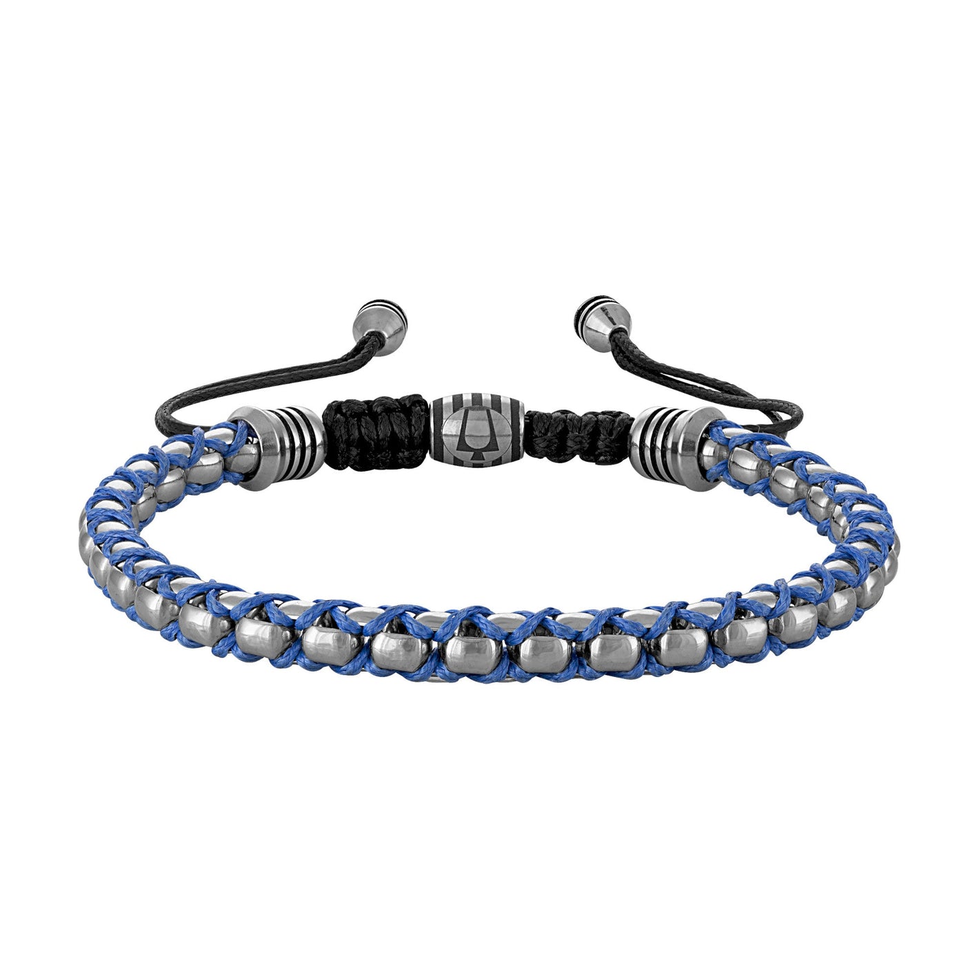 Bulova BVB1089-SLSTNA polished silver stainless-steel box-chain bracelet front view, with blue-cord interlaced links.