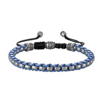 Bulova BVB1089-SLSTNA polished silver stainless-steel box-chain bracelet front view, with blue-cord interlaced links.