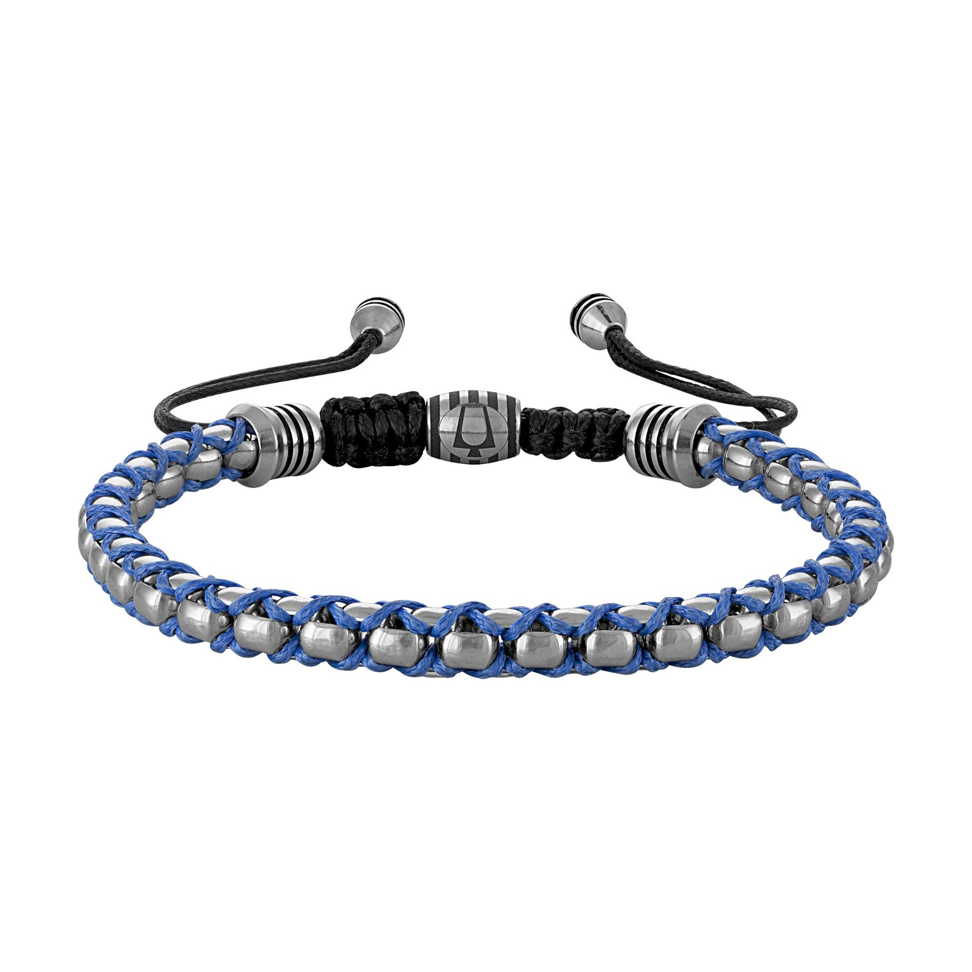 Bulova BVB1089-SLSTNA polished silver stainless-steel box-chain bracelet front view, with blue-cord interlaced links.