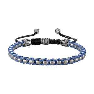 Bulova BVB1089-SLSTNA polished silver stainless-steel box-chain bracelet front view, with blue-cord interlaced links.