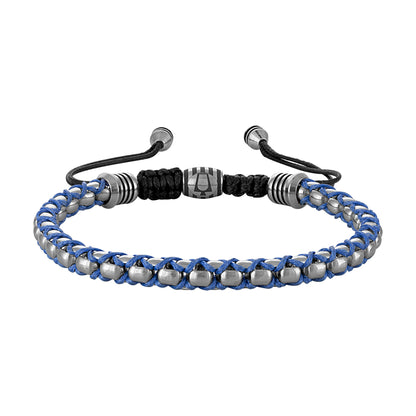 Bulova BVB1089-SLSTNA polished silver stainless-steel box-chain bracelet front view, with blue-cord interlaced links.