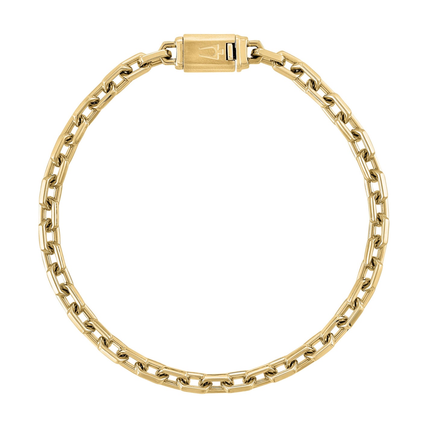 Bulova BVB1129-GSTNA8 gold-tone stainless steel bracelet, front view showing polished elongated hexagon links and gold shine.