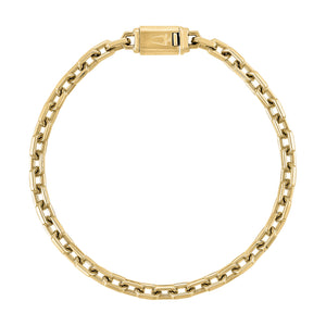 Bulova BVB1129-GSTNA8 gold-tone stainless steel bracelet, front view showing polished elongated hexagon links and gold shine.