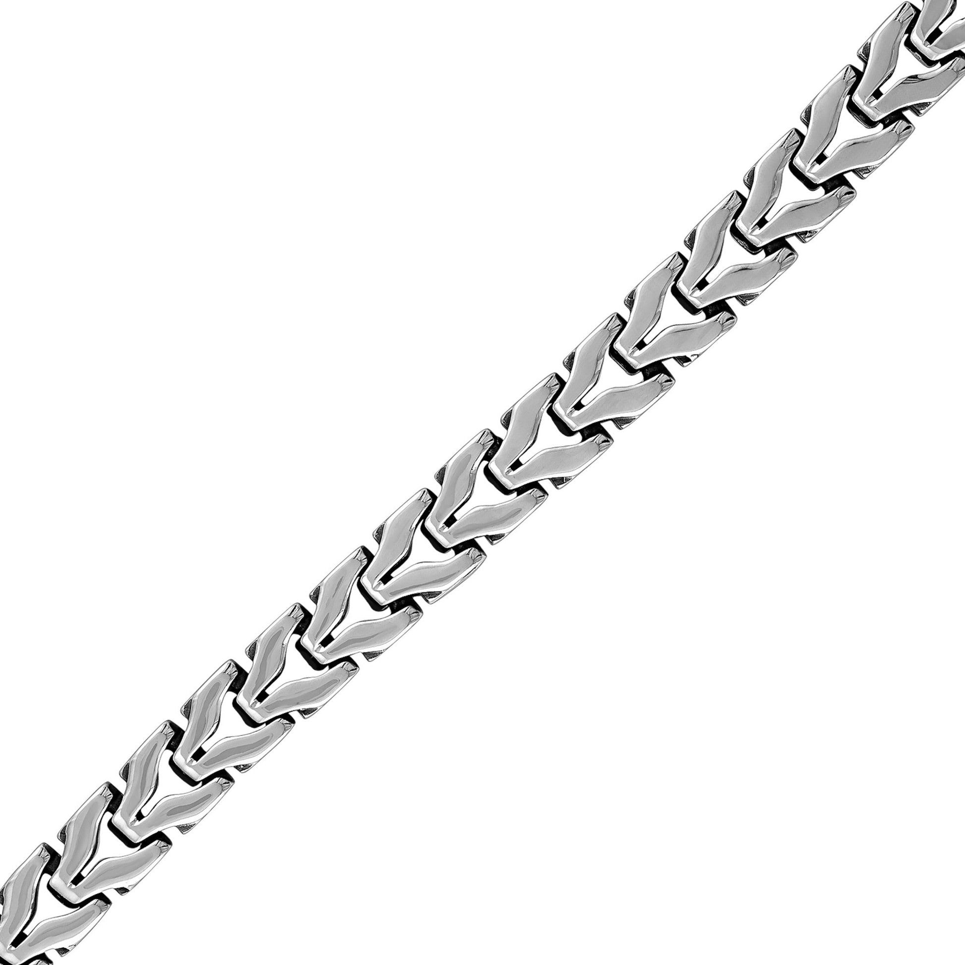 Side profile of Bulova BVB1147-NMASTNA showing the thickness and polish of the stainless steel links and the integrated box clasp mechanism.