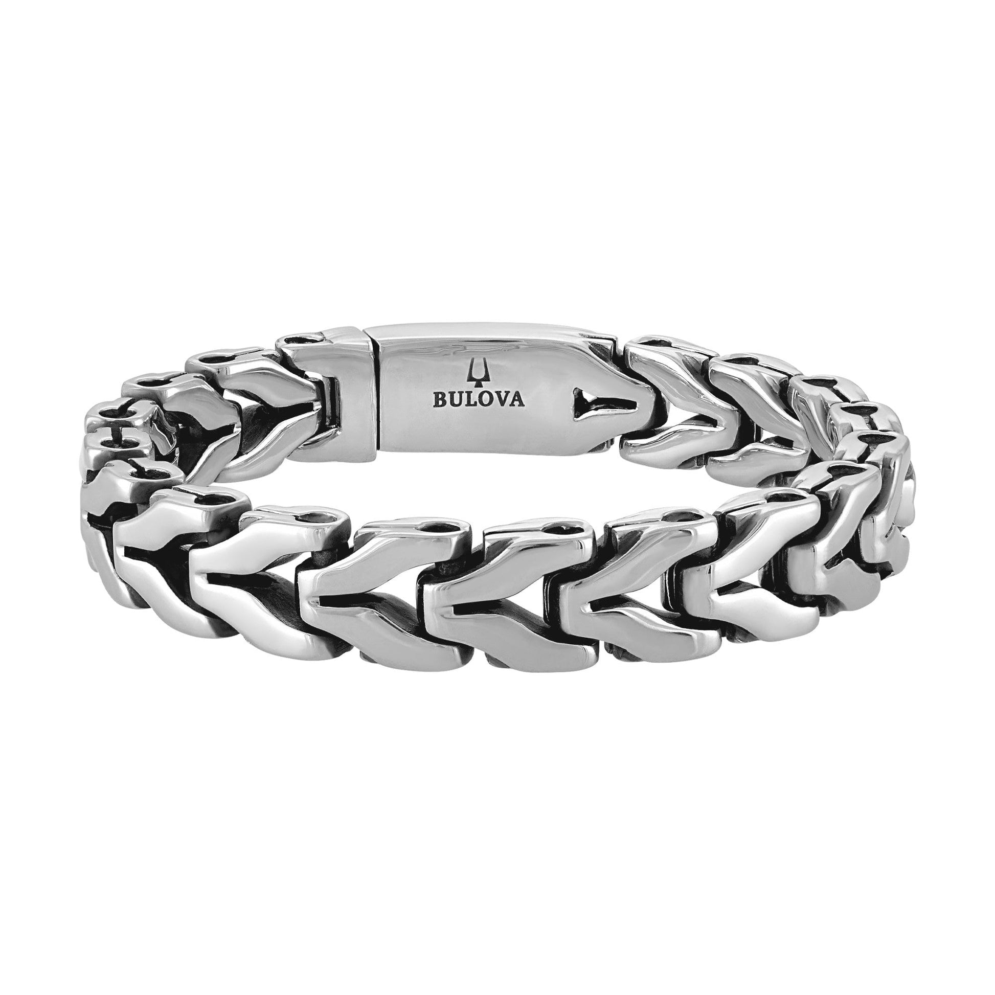 Bulova BVB1147-NMASTNA polished stainless steel link bracelet front view with black-accent interior edges and sleek rectangular links.