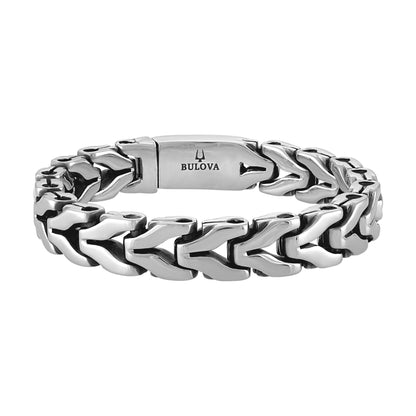 Bulova BVB1147-NMASTNA polished stainless steel link bracelet front view with black-accent interior edges and sleek rectangular links.