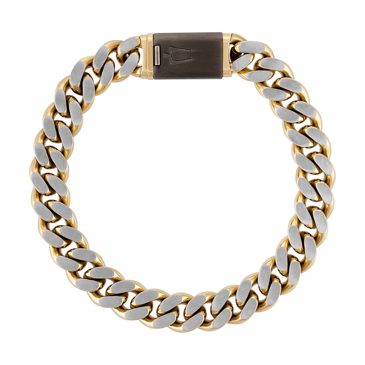 Bulova BVB1181‑GOSTNA8 bracelet front view showing 10 mm dual-tone curb links and gunmetal tuning‑fork clasp.