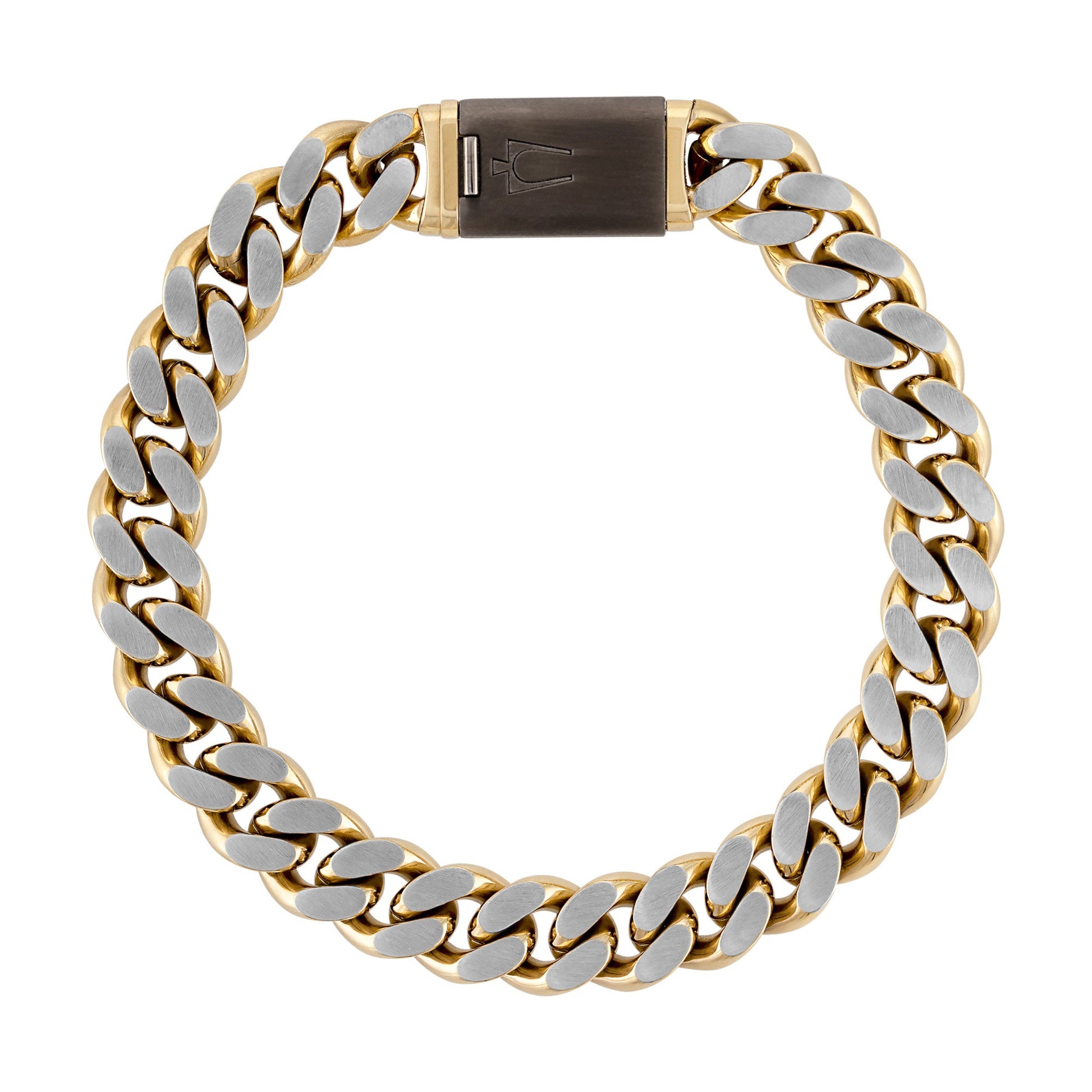 Bulova BVB1181‑GOSTNA8 bracelet front view showing 10 mm dual-tone curb links and gunmetal tuning‑fork clasp.