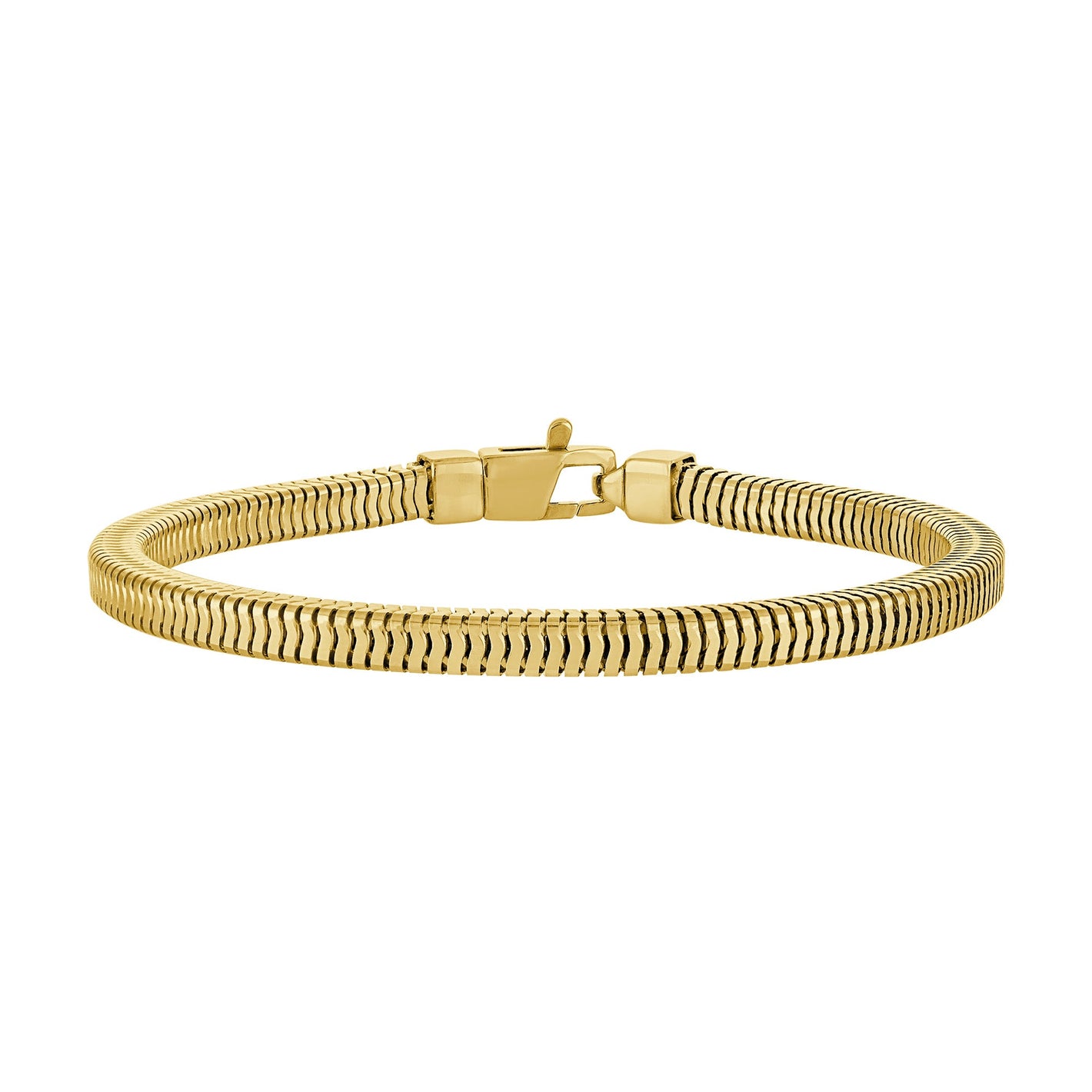 Bulova BVB1203-YSNA 14 K gold-plated squared snake-chain bracelet front view, showing polished snake-chain links and lobster-clasp closure.