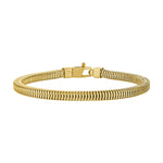 Bulova BVB1203-YSNA 14 K gold-plated squared snake-chain bracelet front view, showing polished snake-chain links and lobster-clasp closure.