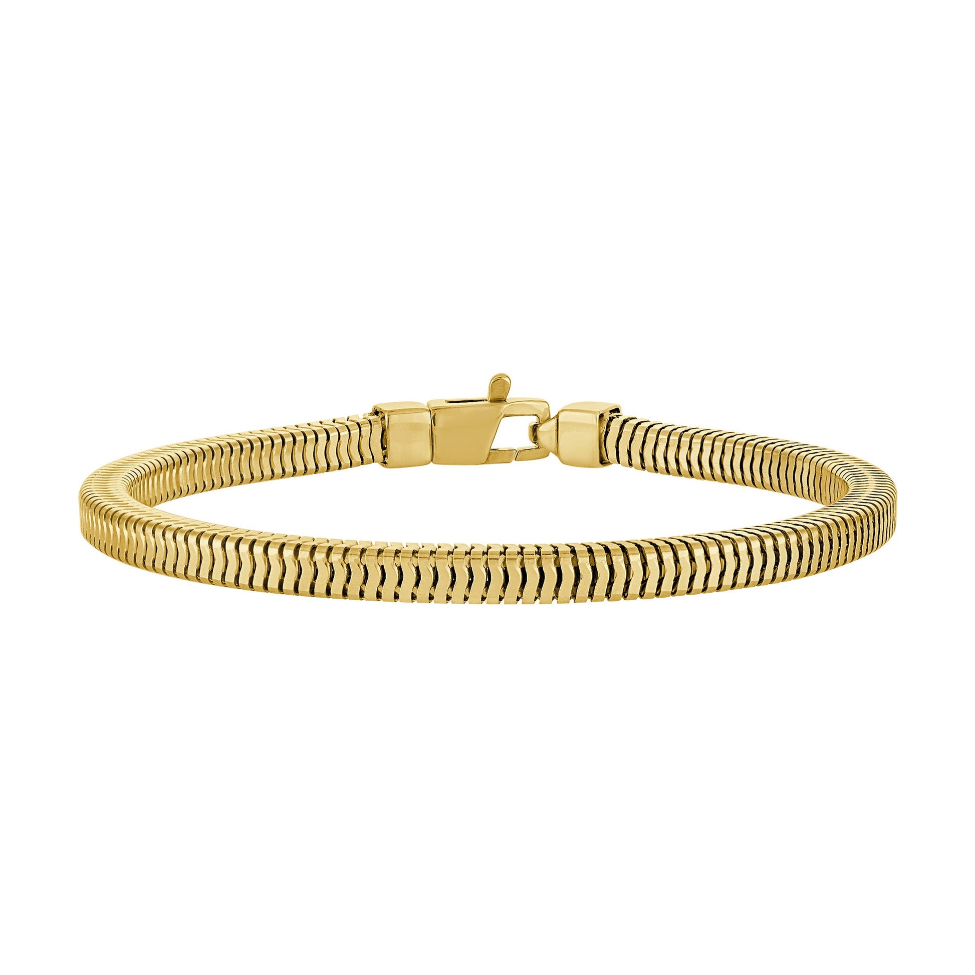 Bulova BVB1203-YSNA 14 K gold-plated squared snake-chain bracelet front view, showing polished snake-chain links and lobster-clasp closure.