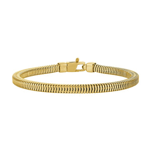 Bulova BVB1203-YSNA 14 K gold-plated squared snake-chain bracelet front view, showing polished snake-chain links and lobster-clasp closure.