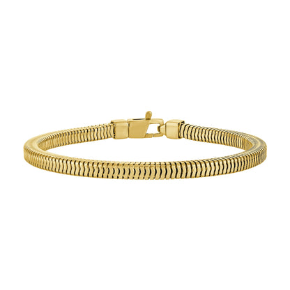 Bulova BVB1203-YSNA 14 K gold-plated squared snake-chain bracelet front view, showing polished snake-chain links and lobster-clasp closure.