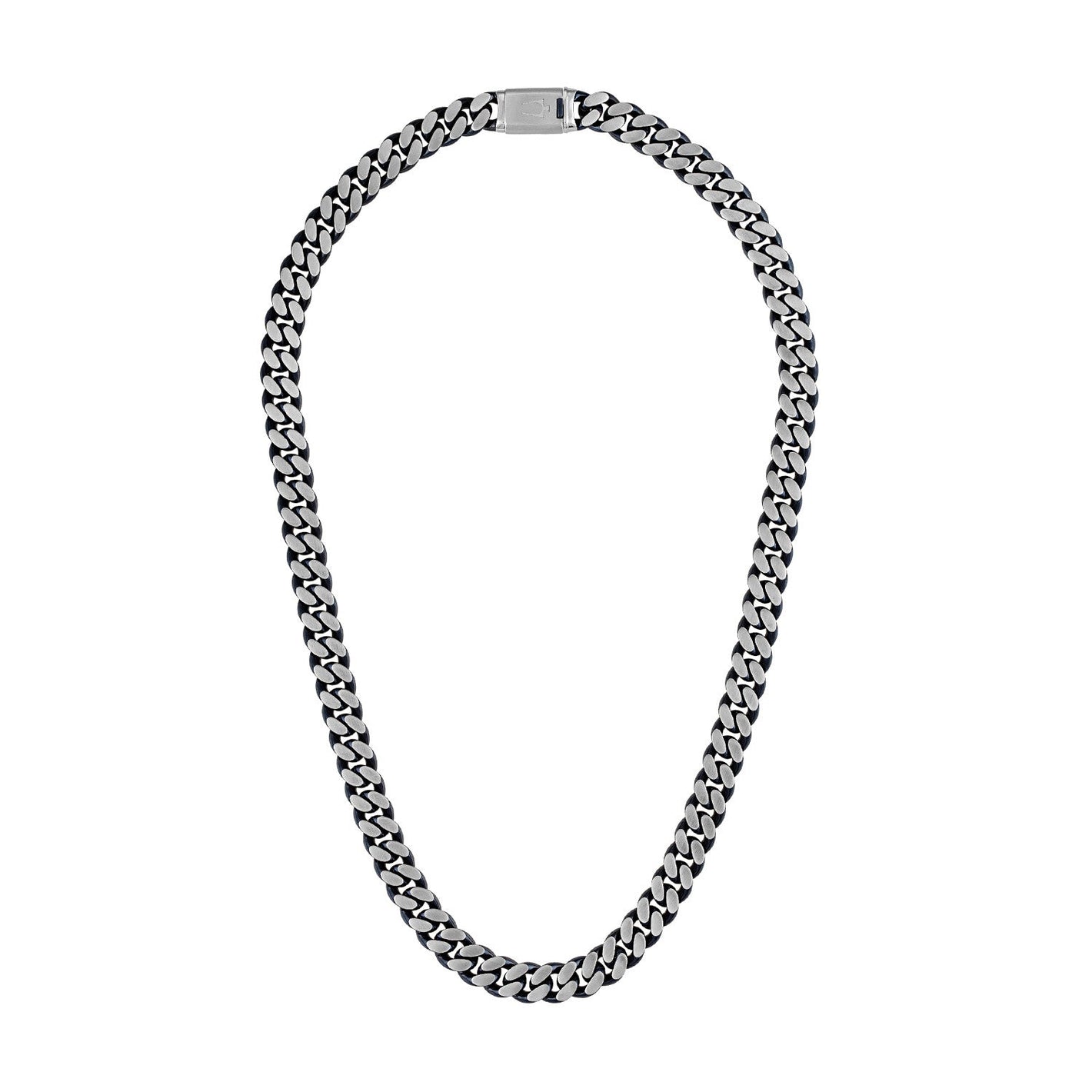 Bulova Classic Curb Chain Necklace BVC1054-SLSTNA, 10mm-wide brushed stainless steel and blue ion-plated links—front view.