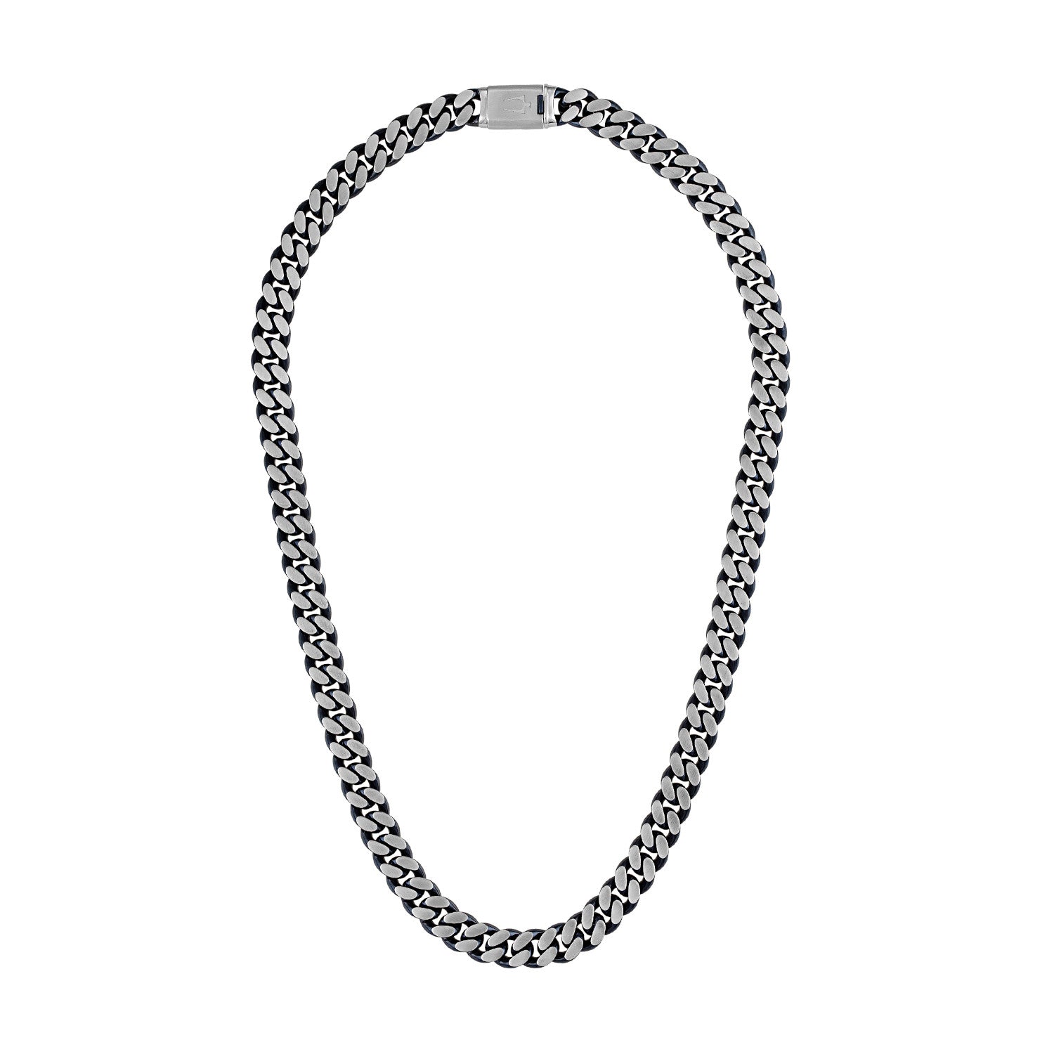 Bulova Classic Curb Chain Necklace BVC1054-SLSTNA, 10mm-wide brushed stainless steel and blue ion-plated links—front view.