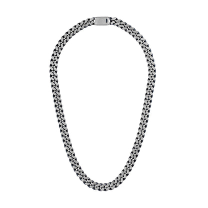 Bulova Classic Curb Chain Necklace BVC1054-SLSTNA, 10mm-wide brushed stainless steel and blue ion-plated links—front view.