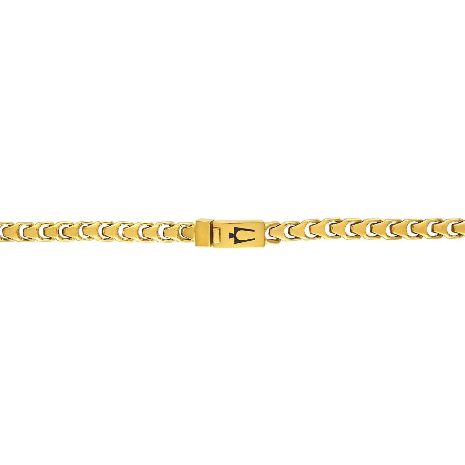 Reverse side of the Bulova Link™ Necklace BVC1057-GSTNA, featuring the box lock clasp with engraved Bulova logo.
