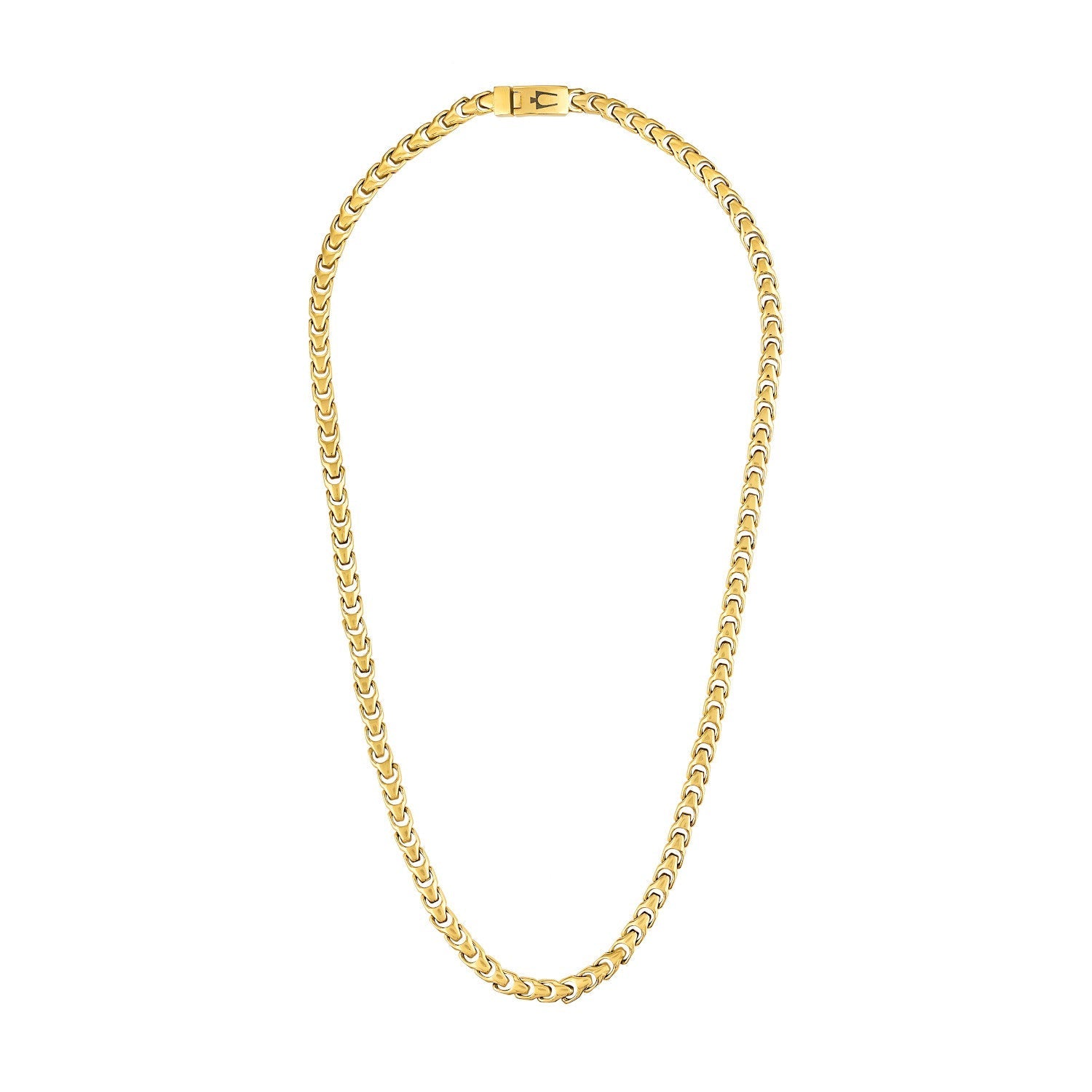 Side profile of the Bulova Link™ Necklace BVC1057-GSTNA, highlighting the sleek gold-tone finish and clasp mechanism.