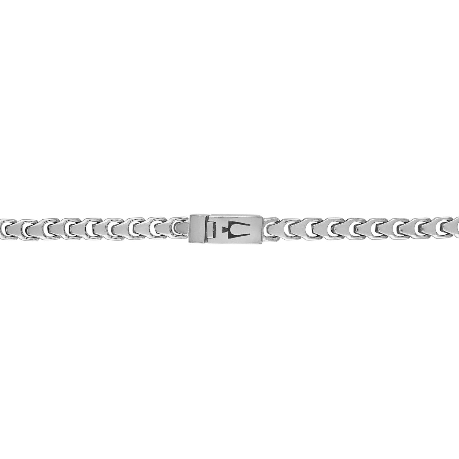 Close-up of the box lock clasp engraved with Bulova's iconic tuning fork logo.​