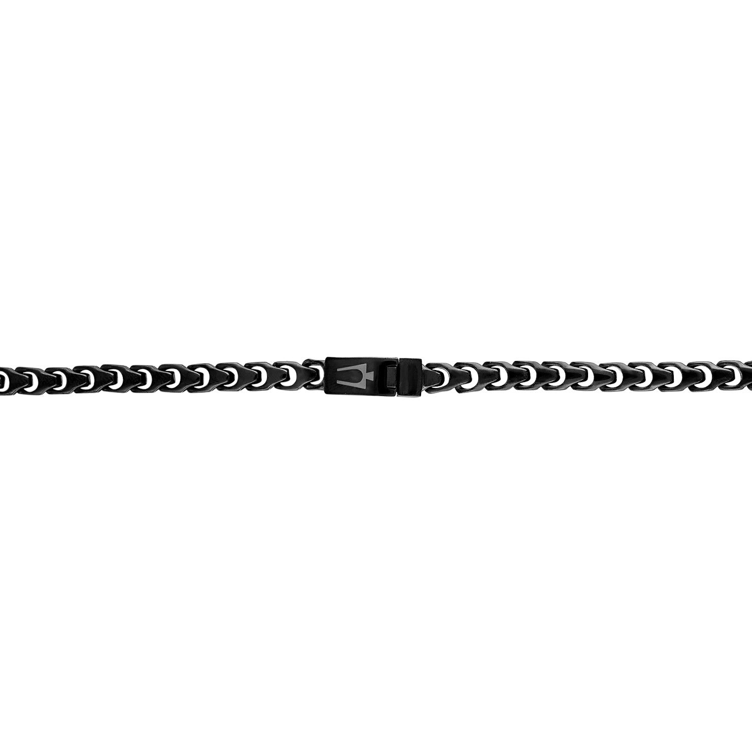  Rear view of the Bulova Link™ Necklace BVC1058-BKSTNA, focusing on the box lock clasp engraved with Bulova's tuning fork logo.
