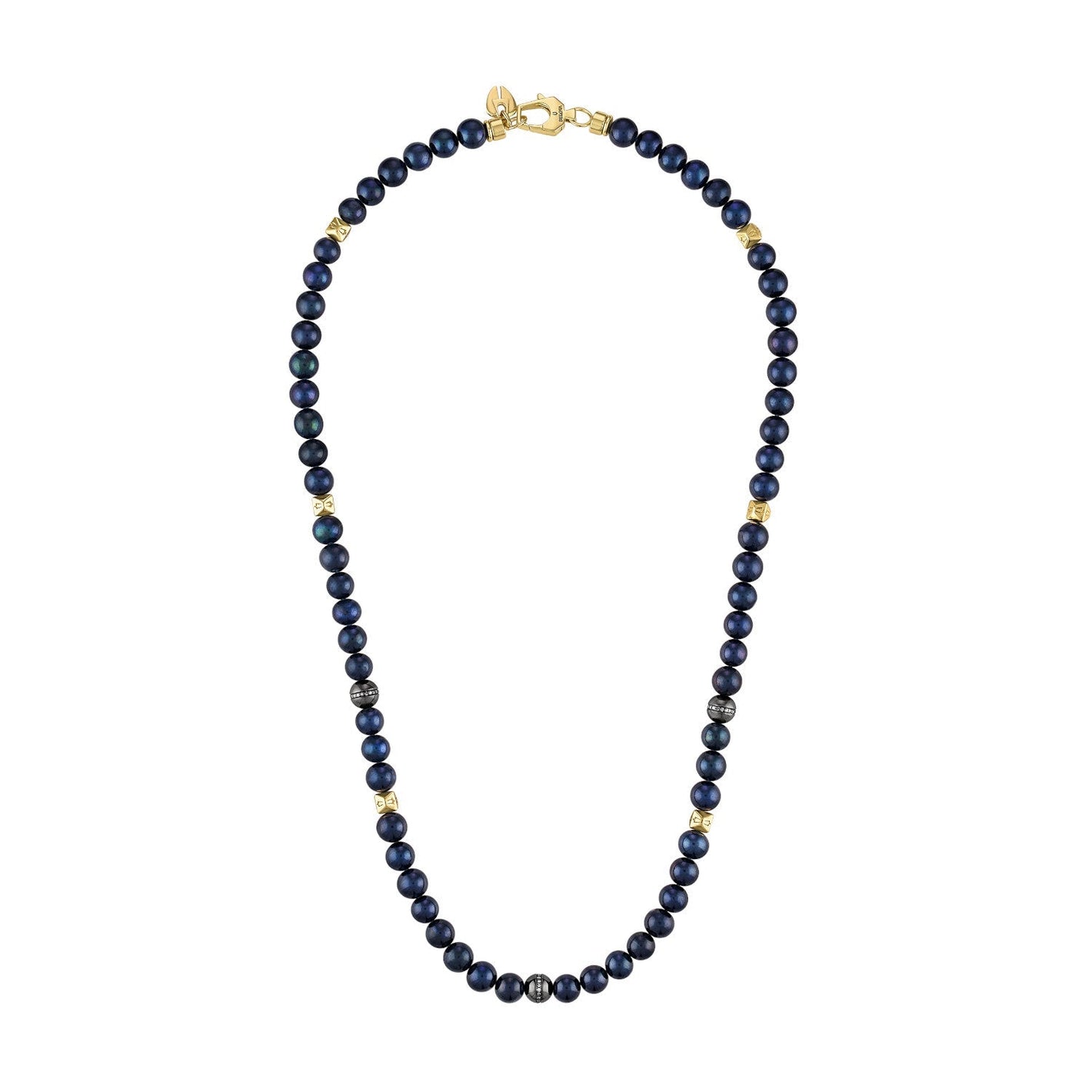 Bulova Classic Freshwater Pearl & Diamond Necklace BVC1060-G6SSC4FWP featuring matte black freshwater pearls, black ruthenium-plated sterling silver beads with white diamonds, and gold-tone hexagonal spheres—front view