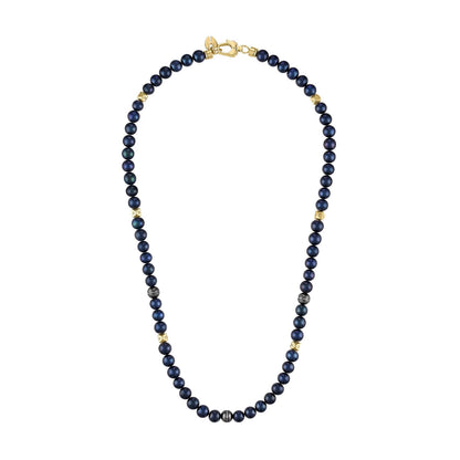 Bulova Classic Freshwater Pearl & Diamond Necklace BVC1060-G6SSC4FWP featuring matte black freshwater pearls, black ruthenium-plated sterling silver beads with white diamonds, and gold-tone hexagonal spheres—front view