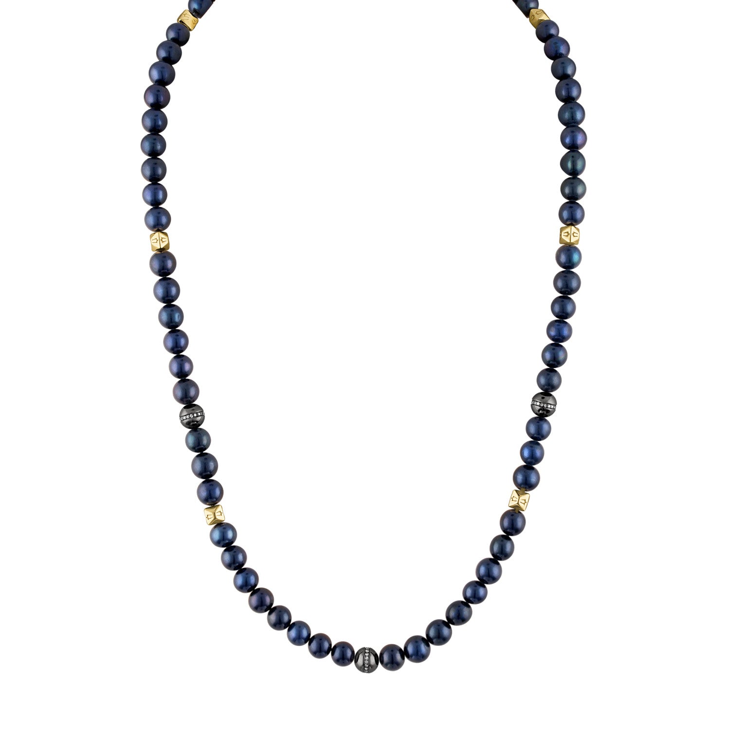 Bulova Classic Freshwater Pearl & Diamond Necklace BVC1060-G6SSC4FWP featuring matte black freshwater pearls, black ruthenium-plated sterling silver beads with white diamonds, and gold-tone hexagonal spheres—front view