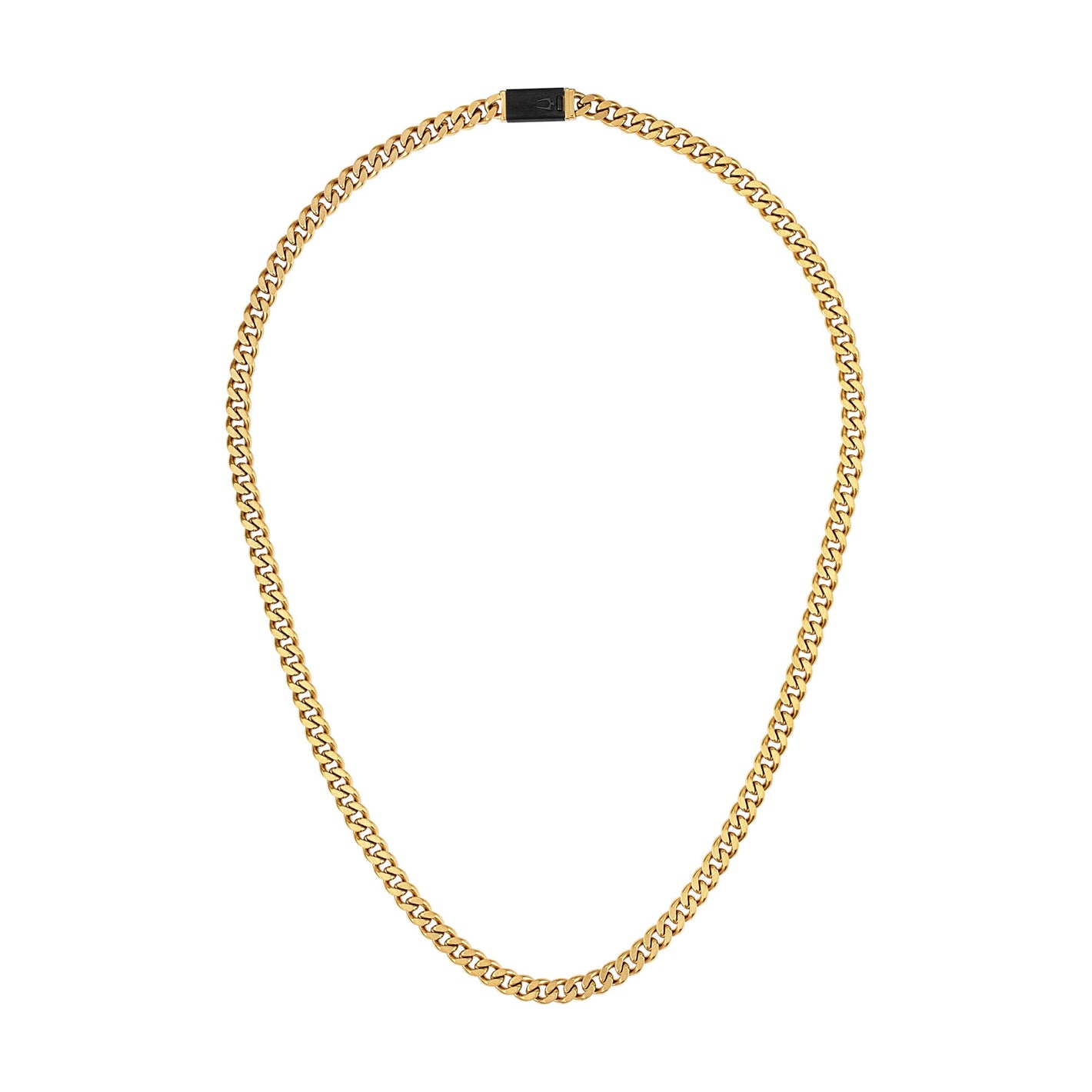 Bulova BVC1065B‑GOSTNA necklace front view featuring 6 mm gold-tone curb links with alternating polished and brushed finishes and tuning‑fork clasp.