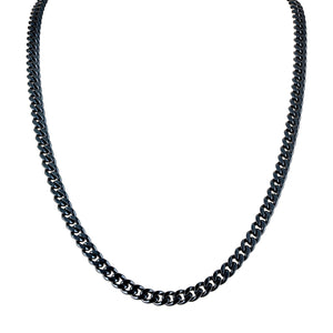 Bulova BVC1067‑NVSTNA necklace front view showing navy-blue stainless steel 6 mm curb links and gunmetal tuning-fork clasp.