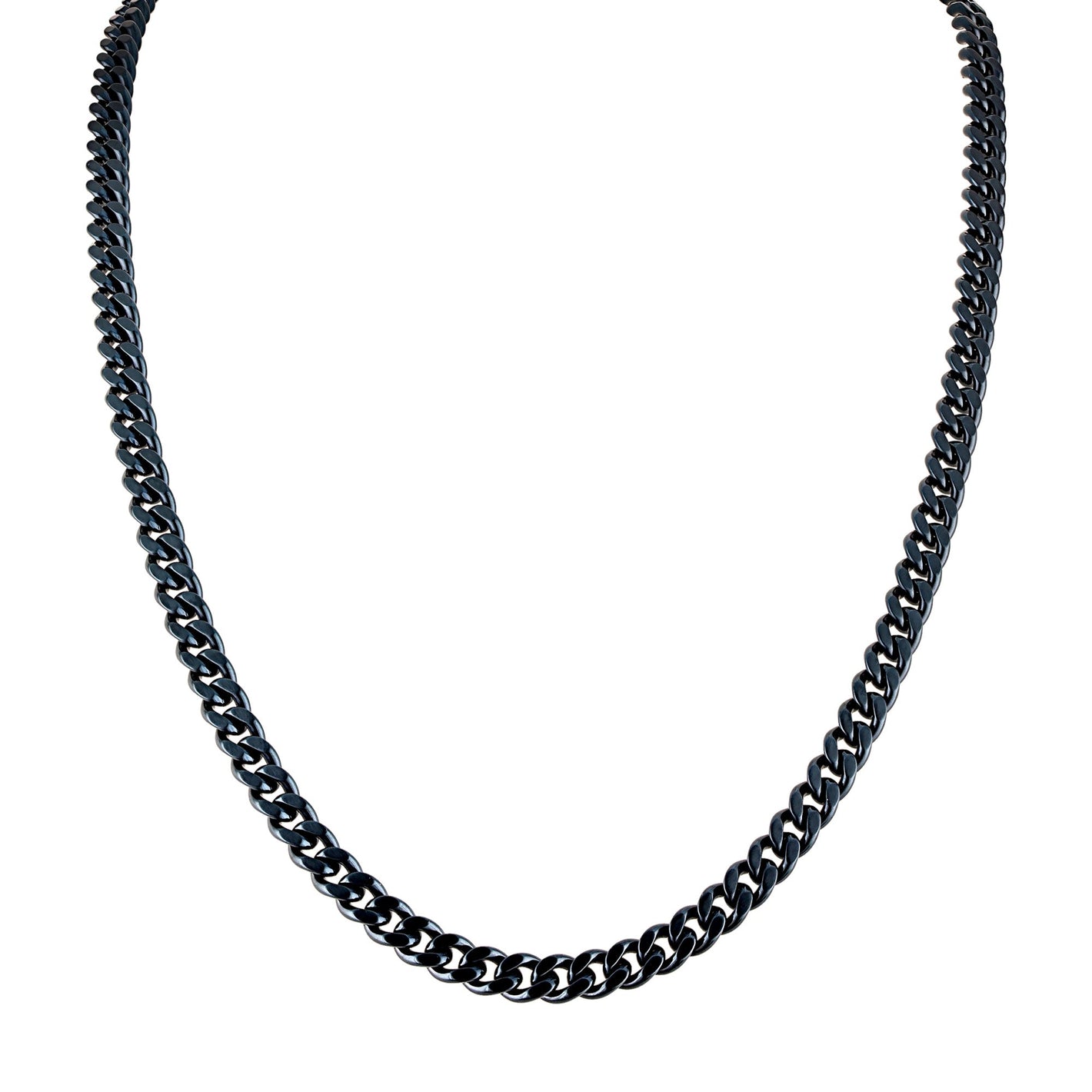 Bulova BVC1067‑NVSTNA necklace front view showing navy-blue stainless steel 6 mm curb links and gunmetal tuning-fork clasp.