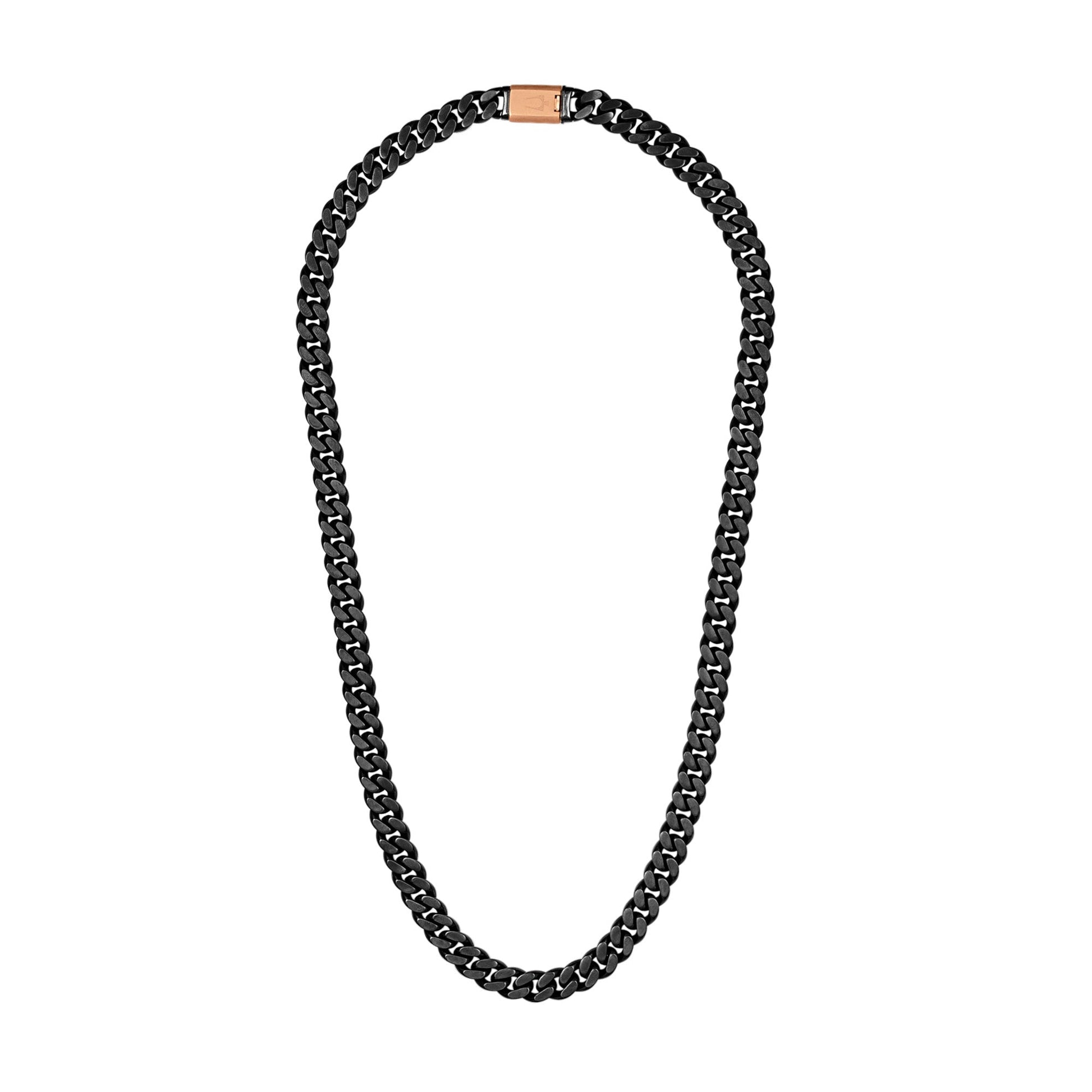 Bulova BVC1069-GRSTNA 24″ gunmetal stainless-steel curb chain necklace with dual-finish (polished & brushed) links and rose-tone tuning-fork clasp.
