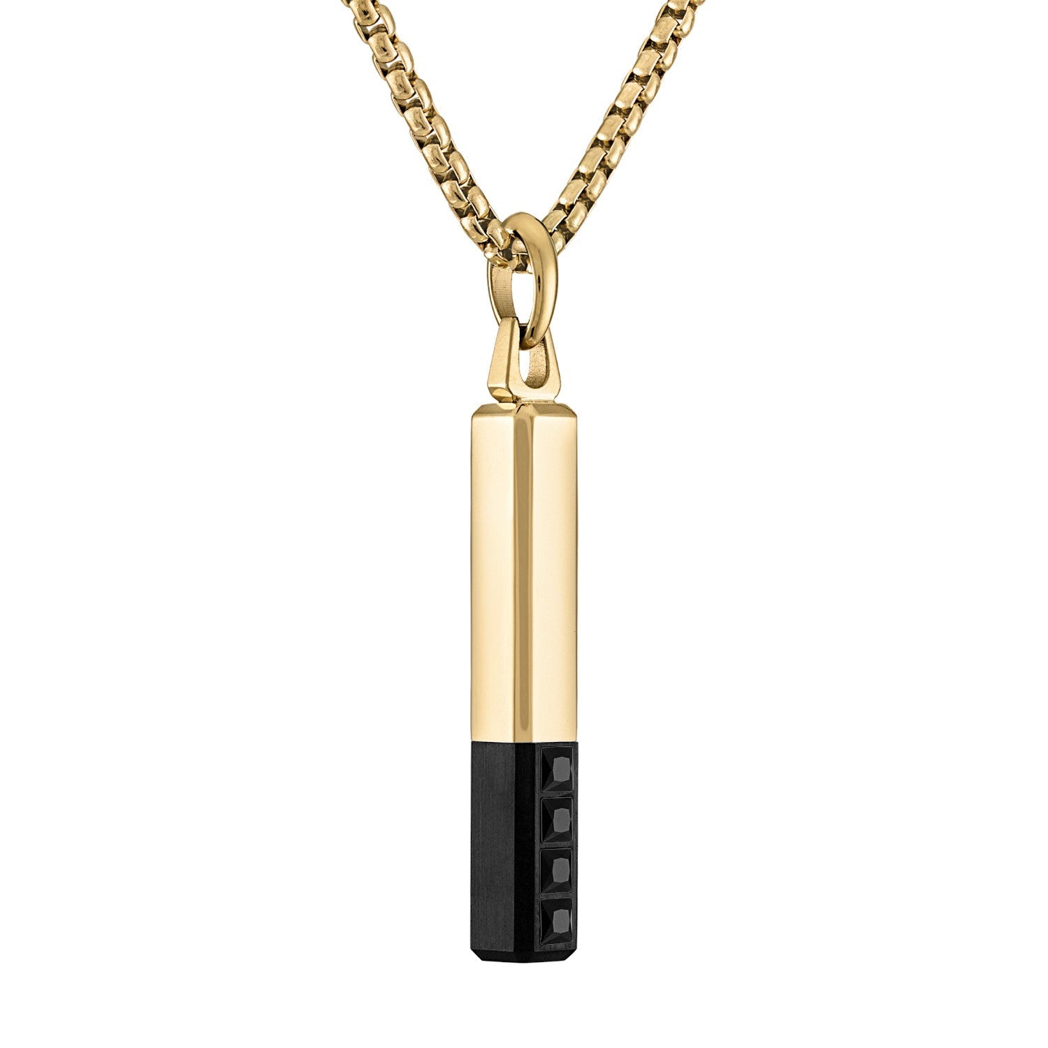 Bulova Latin GRAMMY® Amulet Pendant Necklace BVC1074-YSTBSP, front view showcasing the black and yellow gold-tone stainless steel bar-shaped pendant with faceted black spinel inlay.