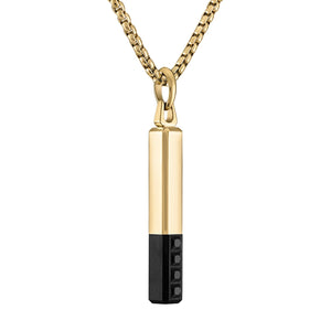 Bulova Latin GRAMMY® Amulet Pendant Necklace BVC1074-YSTBSP, front view showcasing the black and yellow gold-tone stainless steel bar-shaped pendant with faceted black spinel inlay.