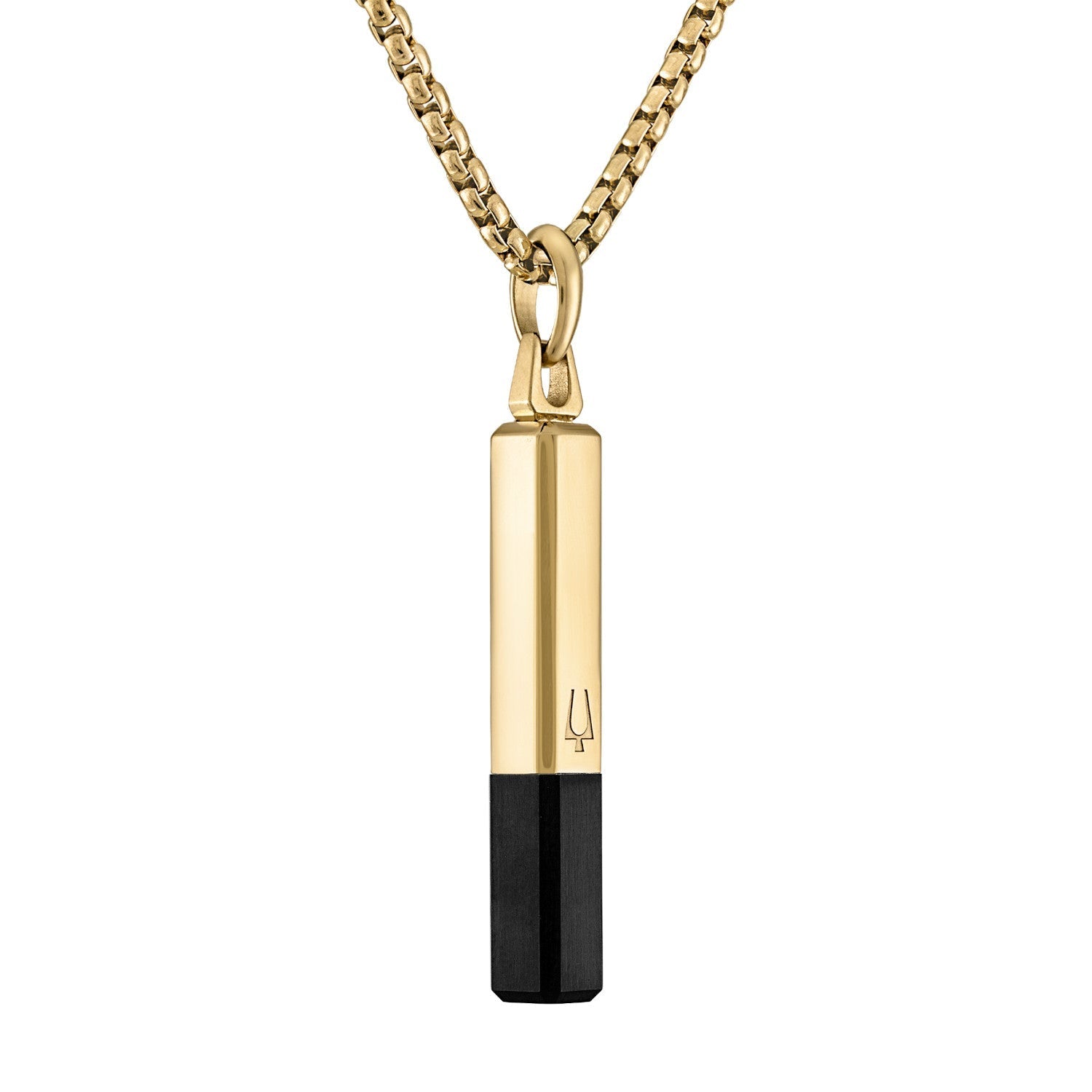 Bulova Latin GRAMMY® Amulet Pendant Necklace BVC1074-YSTBSP, front view showcasing the black and yellow gold-tone stainless steel bar-shaped pendant with faceted black spinel inlay.