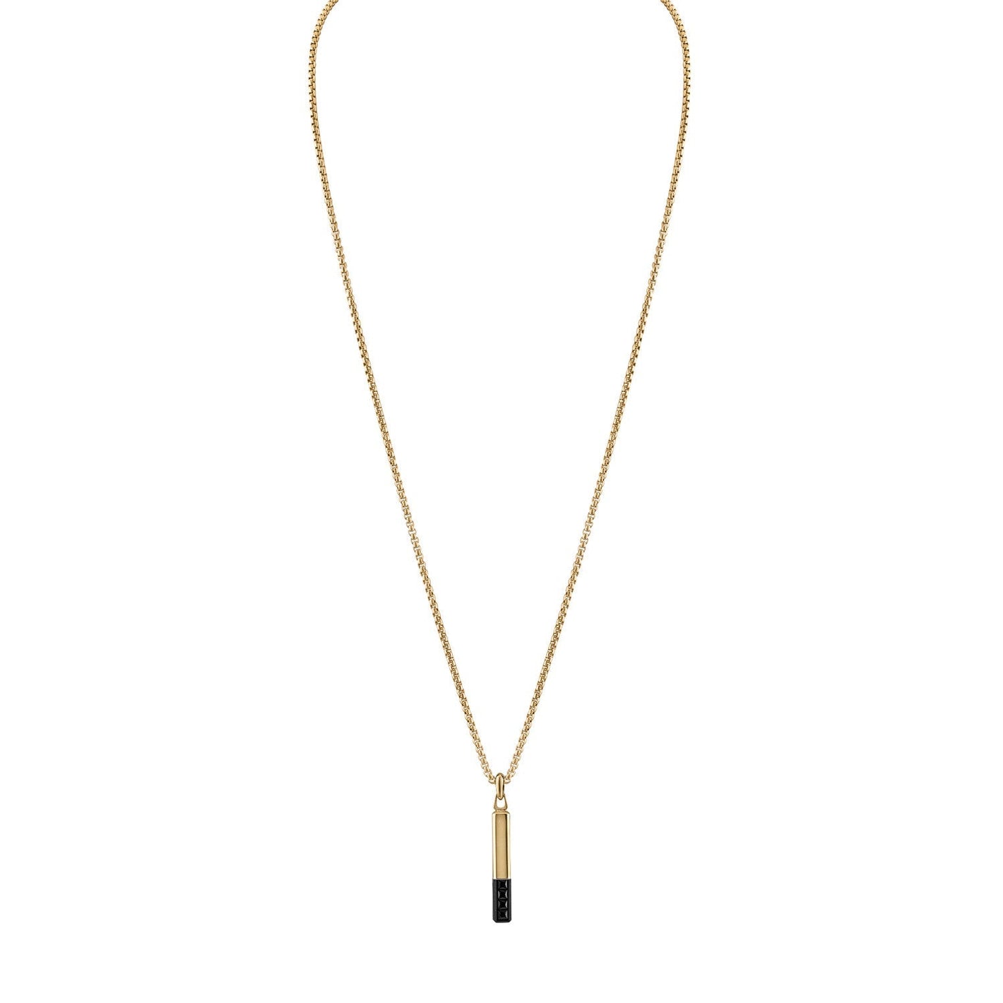 Bulova Latin GRAMMY® Amulet Pendant Necklace BVC1074-YSTBSP, front view showcasing the black and yellow gold-tone stainless steel bar-shaped pendant with faceted black spinel inlay.