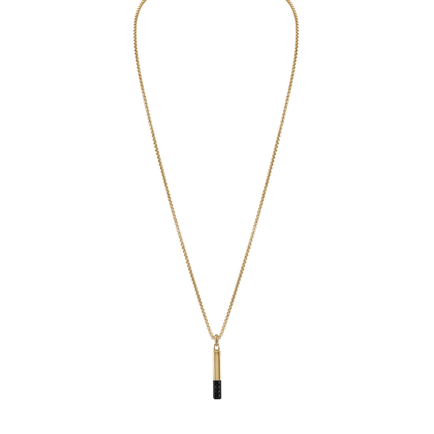 Bulova Latin GRAMMY® Amulet Pendant Necklace BVC1074-YSTBSP, front view showcasing the black and yellow gold-tone stainless steel bar-shaped pendant with faceted black spinel inlay.