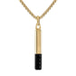 Bulova Latin GRAMMY® Amulet Pendant Necklace BVC1074-YSTBSP, front view showcasing the black and yellow gold-tone stainless steel bar-shaped pendant with faceted black spinel inlay.