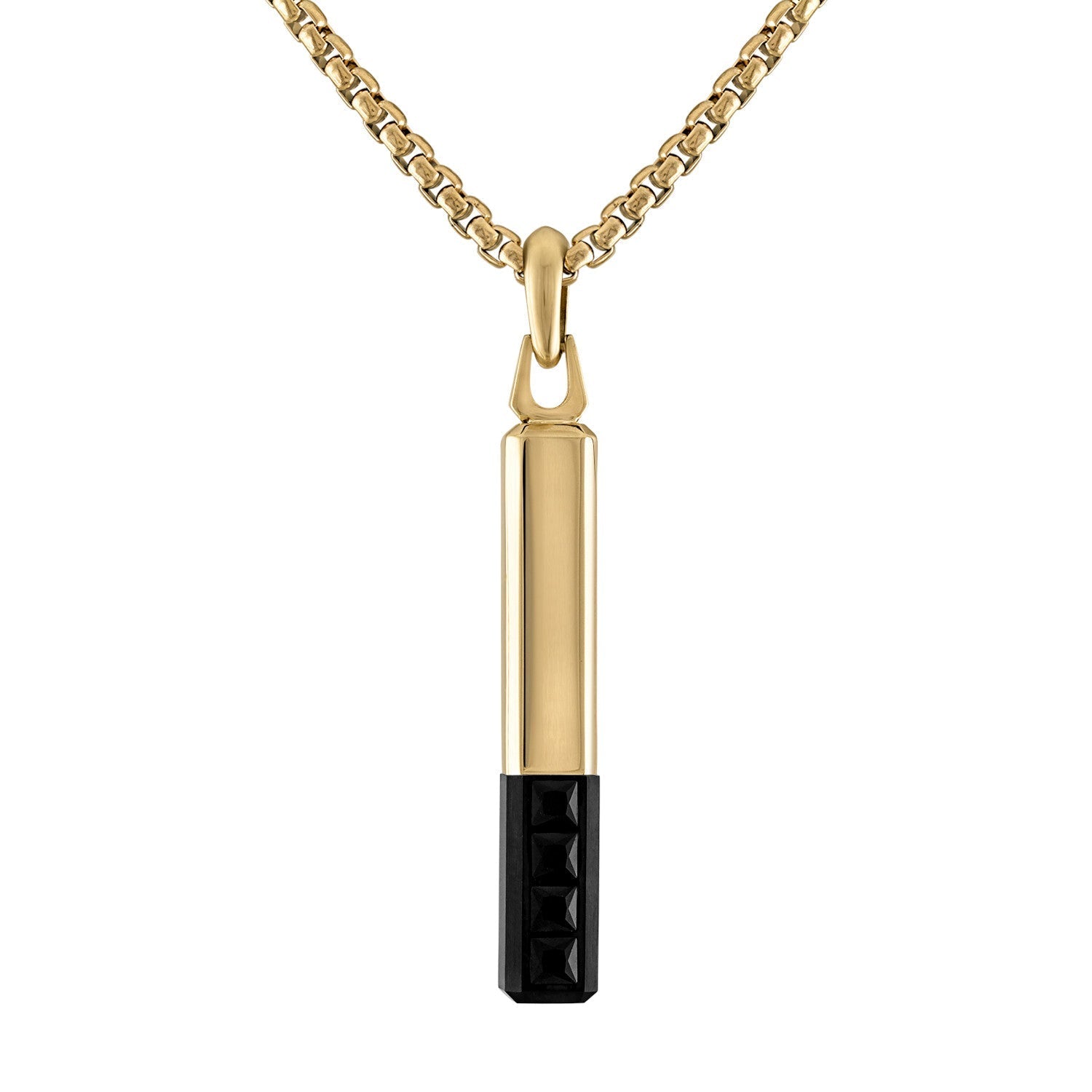 Bulova Latin GRAMMY® Amulet Pendant Necklace BVC1074-YSTBSP, front view showcasing the black and yellow gold-tone stainless steel bar-shaped pendant with faceted black spinel inlay.