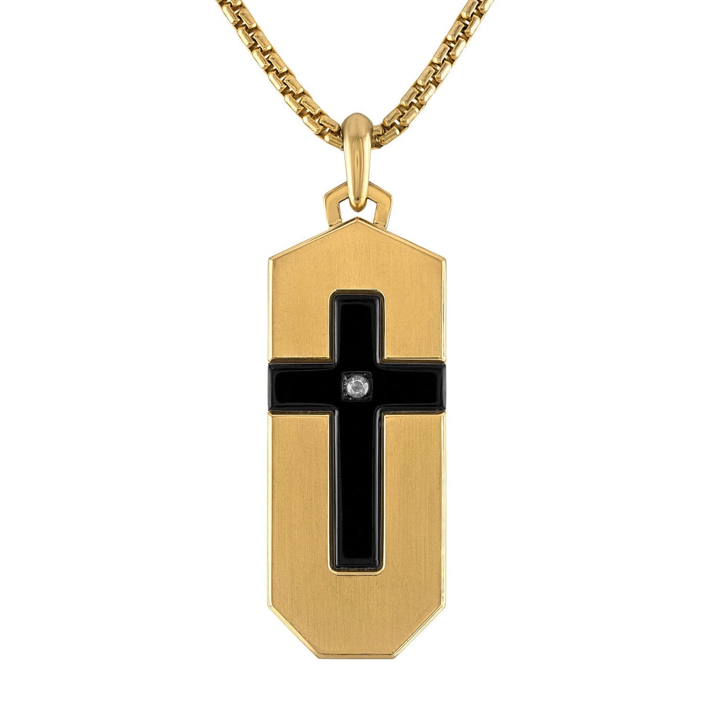 Bulova BVC1076-G6STQ7 Icon Pendant Necklace showcasing the black and gold-tone stainless steel dog tag with cross inlay and diamond accent—front view.