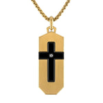 Bulova BVC1076-G6STQ7 Icon Pendant Necklace showcasing the black and gold-tone stainless steel dog tag with cross inlay and diamond accent—front view.