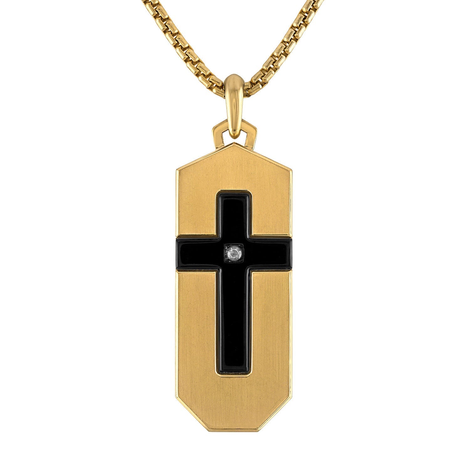 Bulova BVC1076-G6STQ7 Icon Pendant Necklace showcasing the black and gold-tone stainless steel dog tag with cross inlay and diamond accent—front view.
