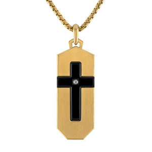 Bulova BVC1076-G6STQ7 Icon Pendant Necklace showcasing the black and gold-tone stainless steel dog tag with cross inlay and diamond accent—front view.