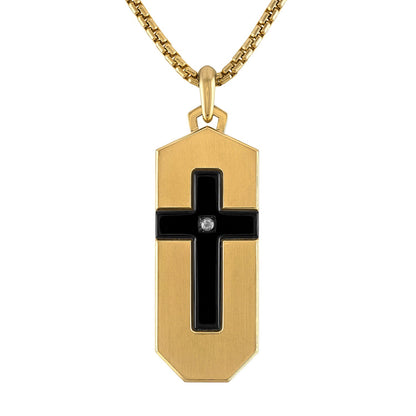 Bulova BVC1076-G6STQ7 Icon Pendant Necklace showcasing the black and gold-tone stainless steel dog tag with cross inlay and diamond accent—front view.